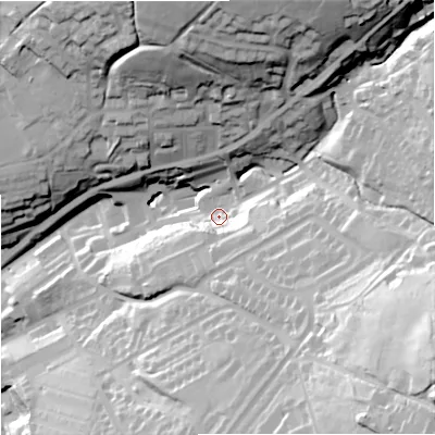 Shaded relief map of the ground around OL139EP, computed from Environment Agency LiDAR. The ground here sits at about 270 m above sea level and falls 82 m across the surrounding 800 m. Surface water reaching this point runs off ground lying to the south-south-east, 19.0 m higher.