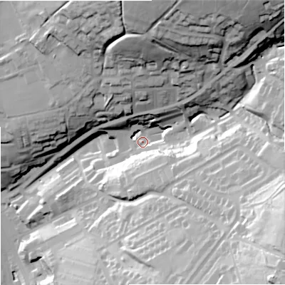 Shaded relief map of the ground around OL139EQ, computed from Environment Agency LiDAR. The ground here sits at about 263 m above sea level and falls 77 m across the surrounding 800 m. Surface water reaching this point runs off ground lying to the south-east, 59.7 m higher.