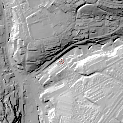Shaded relief map of the ground around OL139HN, computed from Environment Agency LiDAR. The ground here sits at about 259 m above sea level and falls 63 m across the surrounding 800 m. Surface water reaching this point runs off ground lying to the north-east, 54.6 m higher.