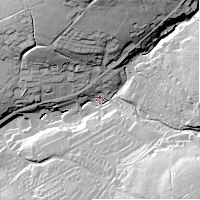 Shaded relief map of the ground around OL139HS, computed from Environment Agency LiDAR. The ground here sits at about 273 m above sea level and falls 85 m across the surrounding 800 m. Surface water reaching this point runs off ground lying to the south-east, 71.3 m higher.