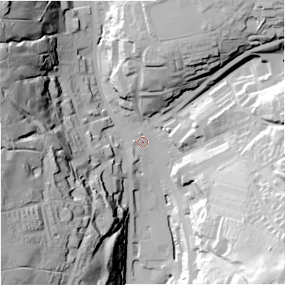 Shaded relief map of the ground around OL139NH, computed from Environment Agency LiDAR. The ground here sits at about 251 m above sea level and falls 70 m across the surrounding 800 m. Surface water reaching this point runs off ground lying to the west-south-west, 64.8 m higher.