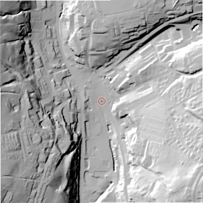 Shaded relief map of the ground around OL139NJ, computed from Environment Agency LiDAR. The ground here sits at about 251 m above sea level and falls 67 m across the surrounding 800 m. Surface water reaching this point runs off ground lying to the west-south-west, 60.6 m higher.