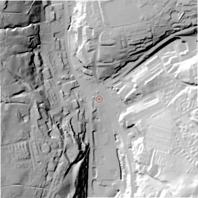 Shaded relief map of the ground around OL139NQ, computed from Environment Agency LiDAR. The ground here sits at about 251 m above sea level and falls 70 m across the surrounding 800 m. Surface water reaching this point runs off ground lying to the west-south-west, 64.8 m higher.