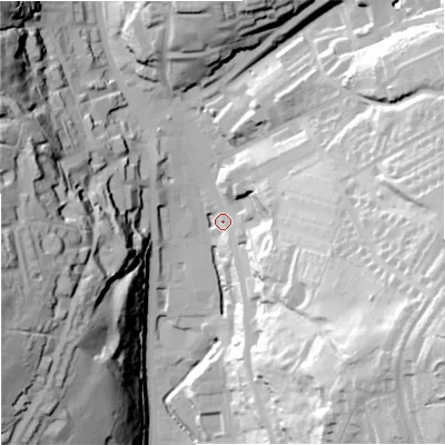 Shaded relief map of the ground around OL139NW, computed from Environment Agency LiDAR. The ground here sits at about 251 m above sea level and falls 68 m across the surrounding 800 m. Surface water reaching this point runs off ground lying to the south-east, 57.7 m higher.