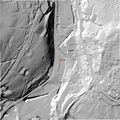 Shaded relief map of the ground around OL139QY, computed from Environment Agency LiDAR. The ground here sits at about 244 m above sea level and falls 81 m across the surrounding 800 m. Surface water reaching this point runs off ground lying to the north-west, 71.9 m higher.