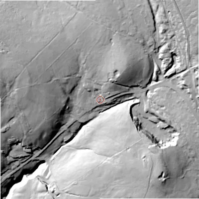 Shaded relief map of the ground around OL139UX, computed from Environment Agency LiDAR. The ground here sits at about 381 m above sea level and falls 85 m across the surrounding 800 m. Surface water reaching this point runs off ground lying to the north-east, 21.0 m higher.