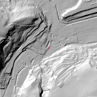 Shaded relief map of the ground around OL145AB, computed from Environment Agency LiDAR. The ground here sits at about 128 m above sea level and falls 98 m across the surrounding 800 m. Surface water reaching this point runs off ground lying to the south-west, 4.5 m higher.