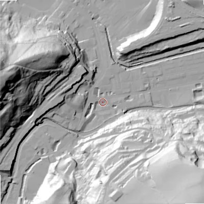 Shaded relief map of the ground around OL145AD, computed from Environment Agency LiDAR. The ground here sits at about 127 m above sea level and falls 97 m across the surrounding 800 m. Surface water reaching this point runs off ground lying to the west, 16.9 m higher.