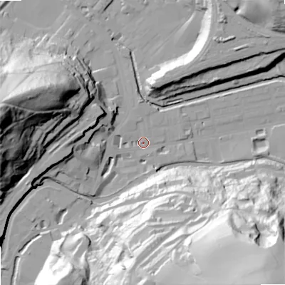 Shaded relief map of the ground around OL145AG, computed from Environment Agency LiDAR. The ground here sits at about 126 m above sea level and falls 94 m across the surrounding 800 m. Surface water reaching this point runs off ground lying to the west, 17.9 m higher.