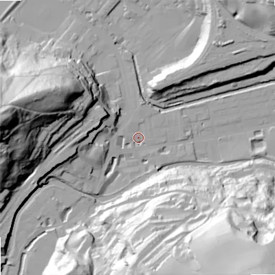 Shaded relief map of the ground around OL145AJ, computed from Environment Agency LiDAR. The ground here sits at about 126 m above sea level and falls 92 m across the surrounding 800 m. Surface water reaching this point runs off ground lying to the west-south-west, 9.5 m higher.