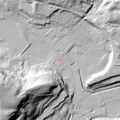 Shaded relief map of the ground around OL145AN, computed from Environment Agency LiDAR. The ground here sits at about 127 m above sea level and falls 95 m across the surrounding 800 m. Surface water reaching this point runs off ground lying to the south-west, 92.5 m higher.