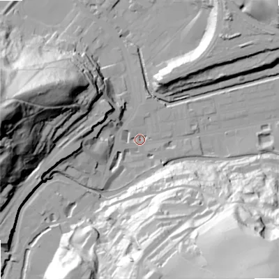 Shaded relief map of the ground around OL145AP, computed from Environment Agency LiDAR. The ground here sits at about 126 m above sea level and falls 95 m across the surrounding 800 m. Surface water reaching this point runs off ground lying to the west, 17.3 m higher.