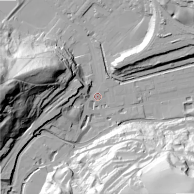 Shaded relief map of the ground around OL145AQ, computed from Environment Agency LiDAR. The ground here sits at about 127 m above sea level and falls 90 m across the surrounding 800 m. Surface water reaching this point runs off ground lying to the west, 80.5 m higher.