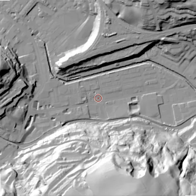 Shaded relief map of the ground around OL145BB, computed from Environment Agency LiDAR. The ground here sits at about 123 m above sea level and falls 91 m across the surrounding 800 m. Surface water reaching this point runs off ground lying to the south-south-east, 90.4 m higher.