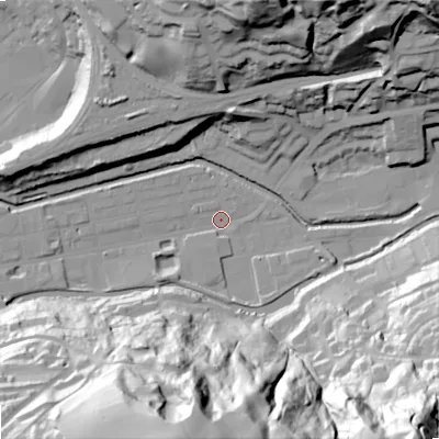 Shaded relief map of the ground around OL145BE, computed from Environment Agency LiDAR. The ground here sits at about 122 m above sea level and falls 98 m across the surrounding 800 m. Surface water reaching this point runs off ground lying to the south-east, 96.9 m higher.