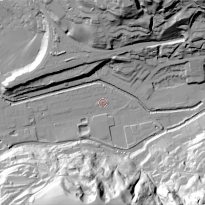 Shaded relief map of the ground around OL145BQ, computed from Environment Agency LiDAR. The ground here sits at about 123 m above sea level and falls 91 m across the surrounding 800 m. Surface water reaching this point runs off ground lying to the south, 83.2 m higher.