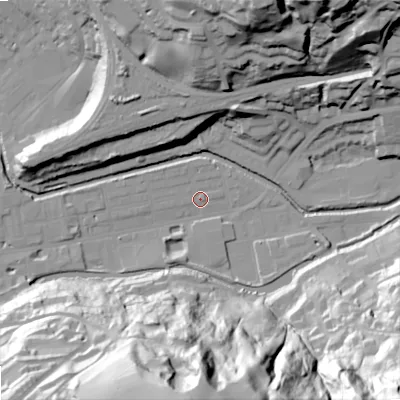 Shaded relief map of the ground around OL145BU, computed from Environment Agency LiDAR. The ground here sits at about 123 m above sea level and falls 93 m across the surrounding 800 m. Surface water reaching this point runs off ground lying to the south-east, 84.9 m higher.