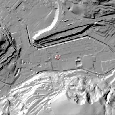 Shaded relief map of the ground around OL145BW, computed from Environment Agency LiDAR. The ground here sits at about 123 m above sea level and falls 90 m across the surrounding 800 m. Surface water reaching this point runs off ground lying to the south-south-east, 90.2 m higher.