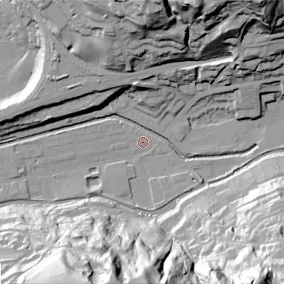 Shaded relief map of the ground around OL145BY, computed from Environment Agency LiDAR. The ground here sits at about 123 m above sea level and falls 88 m across the surrounding 800 m. Surface water reaching this point runs off ground lying to the south-south-west, 82.2 m higher.
