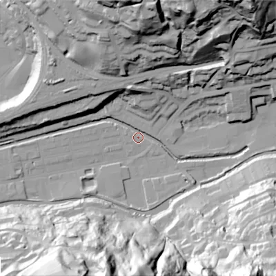 Shaded relief map of the ground around OL145BZ, computed from Environment Agency LiDAR. The ground here sits at about 123 m above sea level and falls 79 m across the surrounding 800 m. Surface water reaching this point runs off ground lying to the south-south-west, 79.0 m higher.