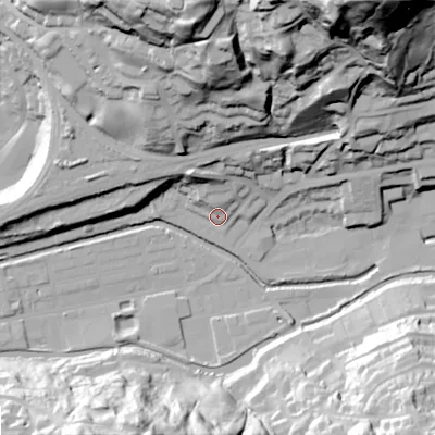 Shaded relief map of the ground around OL145DA, computed from Environment Agency LiDAR. The ground here sits at about 126 m above sea level and falls 99 m across the surrounding 800 m. Surface water reaching this point runs off ground lying to the north-north-west, 16.9 m higher.