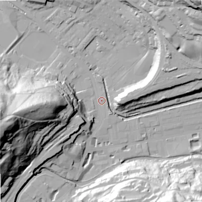 Shaded relief map of the ground around OL145DJ, computed from Environment Agency LiDAR. The ground here sits at about 126 m above sea level and falls 85 m across the surrounding 800 m. Surface water reaching this point runs off ground lying to the west-south-west, 80.3 m higher.