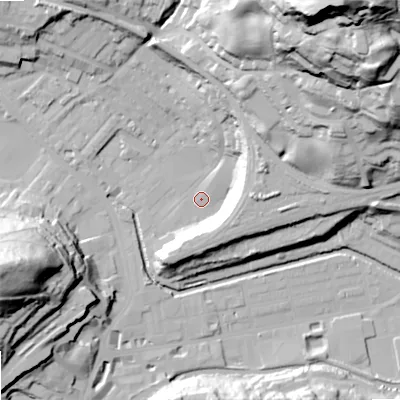 Shaded relief map of the ground around OL145DL, computed from Environment Agency LiDAR. The ground here sits at about 125 m above sea level and falls 90 m across the surrounding 800 m. Surface water reaching this point runs off ground lying to the north-east, 86.3 m higher.
