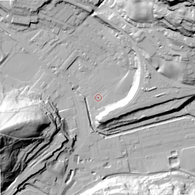 Shaded relief map of the ground around OL145DN, computed from Environment Agency LiDAR. The ground here sits at about 125 m above sea level and falls 84 m across the surrounding 800 m. Surface water reaching this point runs off ground lying to the north-east, 80.2 m higher.