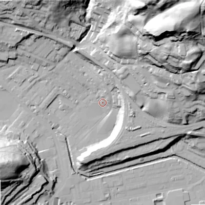 Shaded relief map of the ground around OL145DU, computed from Environment Agency LiDAR. The ground here sits at about 127 m above sea level and falls 107 m across the surrounding 800 m. Surface water reaching this point runs off ground lying to the north-east, 86.6 m higher.