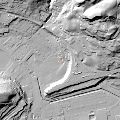 Shaded relief map of the ground around OL145DW, computed from Environment Agency LiDAR. The ground here sits at about 126 m above sea level and falls 108 m across the surrounding 800 m. Surface water reaching this point runs off ground lying to the north-east, 86.6 m higher.