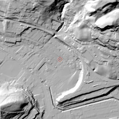 Shaded relief map of the ground around OL145EG, computed from Environment Agency LiDAR. The ground here sits at about 126 m above sea level and falls 109 m across the surrounding 800 m. Surface water reaching this point runs off ground lying to the north-east, 81.9 m higher.
