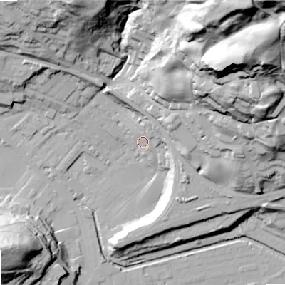Shaded relief map of the ground around OL145EH, computed from Environment Agency LiDAR. The ground here sits at about 131 m above sea level and falls 120 m across the surrounding 800 m. Surface water reaching this point runs off ground lying to the north-east, 20.5 m higher.