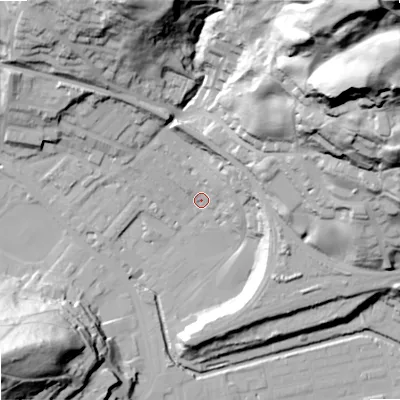 Shaded relief map of the ground around OL145EJ, computed from Environment Agency LiDAR. The ground here sits at about 127 m above sea level and falls 114 m across the surrounding 800 m. Surface water reaching this point runs off ground lying to the north-east, 81.8 m higher.