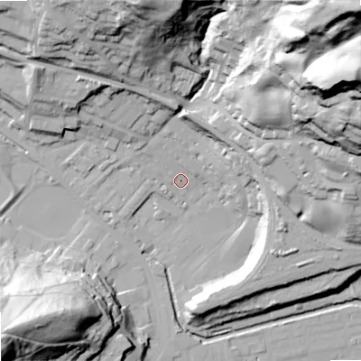Shaded relief map of the ground around OL145EL, computed from Environment Agency LiDAR. The ground here sits at about 127 m above sea level and falls 108 m across the surrounding 800 m. Surface water reaching this point runs off ground lying to the north-east, 103.4 m higher.