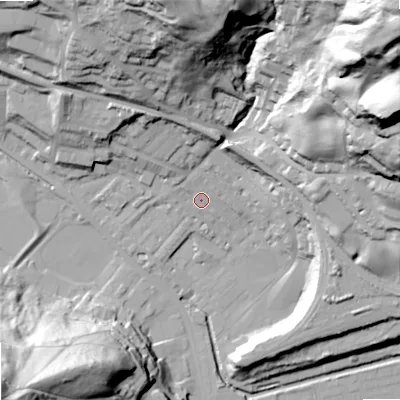 Shaded relief map of the ground around OL145EN, computed from Environment Agency LiDAR. The ground here sits at about 128 m above sea level and falls 104 m across the surrounding 800 m. Surface water reaching this point runs off ground lying to the north-east, 98.5 m higher.