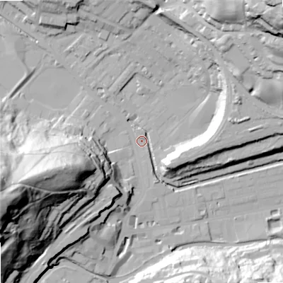 Shaded relief map of the ground around OL145EU, computed from Environment Agency LiDAR. The ground here sits at about 126 m above sea level and falls 86 m across the surrounding 800 m. Surface water reaching this point runs off ground lying to the west-south-west, 83.1 m higher.