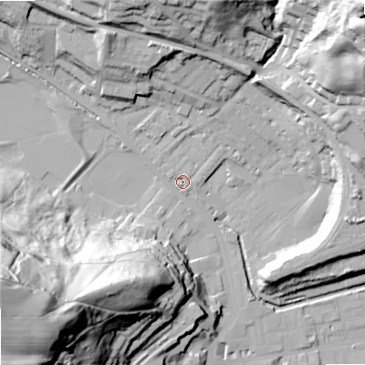 Shaded relief map of the ground around OL145EX, computed from Environment Agency LiDAR. The ground here sits at about 126 m above sea level and falls 95 m across the surrounding 800 m. Surface water reaching this point runs off ground lying to the north-east, 2.2 m higher.