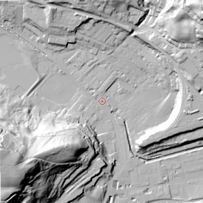Shaded relief map of the ground around OL145EY, computed from Environment Agency LiDAR. The ground here sits at about 127 m above sea level and falls 93 m across the surrounding 800 m. Surface water reaching this point runs off ground lying to the south-west, 88.8 m higher.
