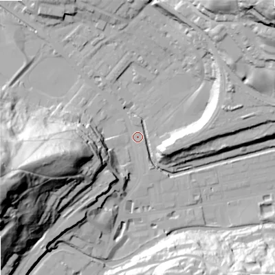 Shaded relief map of the ground around OL145EZ, computed from Environment Agency LiDAR. The ground here sits at about 126 m above sea level and falls 86 m across the surrounding 800 m. Surface water reaching this point runs off ground lying to the west-south-west, 83.1 m higher.