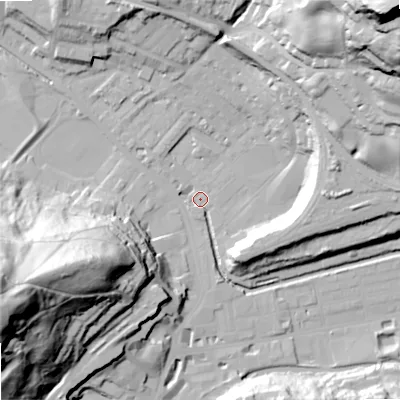 Shaded relief map of the ground around OL145HE, computed from Environment Agency LiDAR. The ground here sits at about 126 m above sea level and falls 87 m across the surrounding 800 m. Surface water reaching this point runs off ground lying to the north-east, 84.5 m higher.