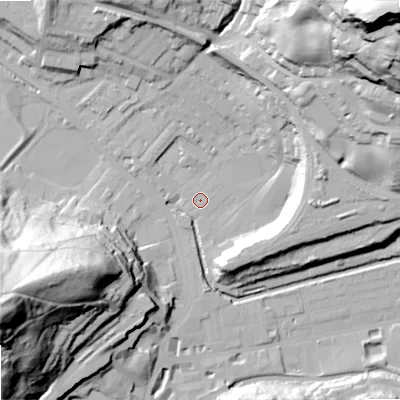 Shaded relief map of the ground around OL145HF, computed from Environment Agency LiDAR. The ground here sits at about 125 m above sea level and falls 90 m across the surrounding 800 m. Surface water reaching this point runs off ground lying to the north-east, 86.0 m higher.