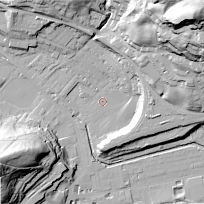 Shaded relief map of the ground around OL145HG, computed from Environment Agency LiDAR. The ground here sits at about 125 m above sea level and falls 91 m across the surrounding 800 m. Surface water reaching this point runs off ground lying to the north-east, 86.6 m higher.