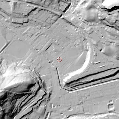 Shaded relief map of the ground around OL145HH, computed from Environment Agency LiDAR. The ground here sits at about 125 m above sea level and falls 90 m across the surrounding 800 m. Surface water reaching this point runs off ground lying to the north-east, 86.3 m higher.