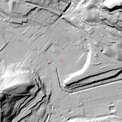Shaded relief map of the ground around OL145HJ, computed from Environment Agency LiDAR. The ground here sits at about 125 m above sea level and falls 91 m across the surrounding 800 m. Surface water reaching this point runs off ground lying to the north-east, 86.8 m higher.
