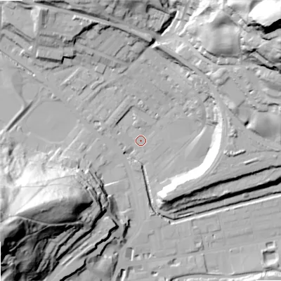 Shaded relief map of the ground around OL145HL, computed from Environment Agency LiDAR. The ground here sits at about 125 m above sea level and falls 88 m across the surrounding 800 m. Surface water reaching this point runs off ground lying to the north-east, 84.4 m higher.