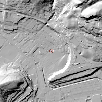 Shaded relief map of the ground around OL145HN, computed from Environment Agency LiDAR. The ground here sits at about 125 m above sea level and falls 92 m across the surrounding 800 m. Surface water reaching this point runs off ground lying to the north-east, 88.8 m higher.