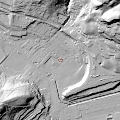 Shaded relief map of the ground around OL145HP, computed from Environment Agency LiDAR. The ground here sits at about 126 m above sea level and falls 92 m across the surrounding 800 m. Surface water reaching this point runs off ground lying to the north-east, 88.5 m higher.