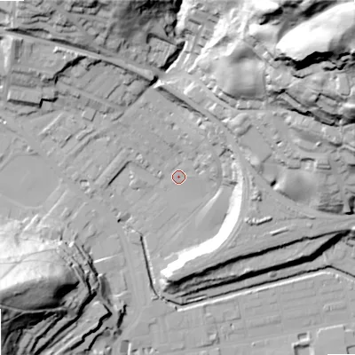 Shaded relief map of the ground around OL145HQ, computed from Environment Agency LiDAR. The ground here sits at about 125 m above sea level and falls 94 m across the surrounding 800 m. Surface water reaching this point runs off ground lying to the north-east, 90.9 m higher.
