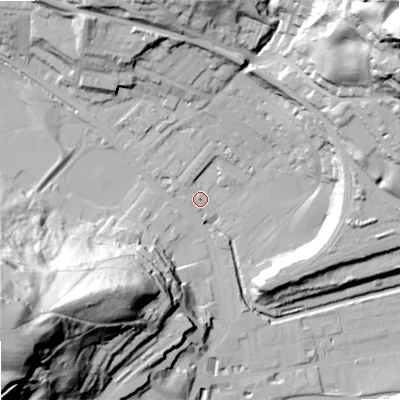 Shaded relief map of the ground around OL145HR, computed from Environment Agency LiDAR. The ground here sits at about 126 m above sea level and falls 90 m across the surrounding 800 m. Surface water reaching this point runs off ground lying to the west-north-west, 3.1 m higher.