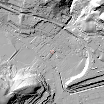 Shaded relief map of the ground around OL145HS, computed from Environment Agency LiDAR. The ground here sits at about 127 m above sea level and falls 89 m across the surrounding 800 m. Surface water reaching this point runs off ground lying to the north-north-west, 4.5 m higher.